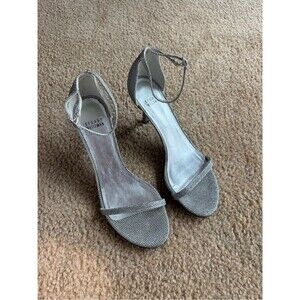 Stuart Weitzman Silver Mini Glitter Nudistsong Ankle Strap Heels 7.5